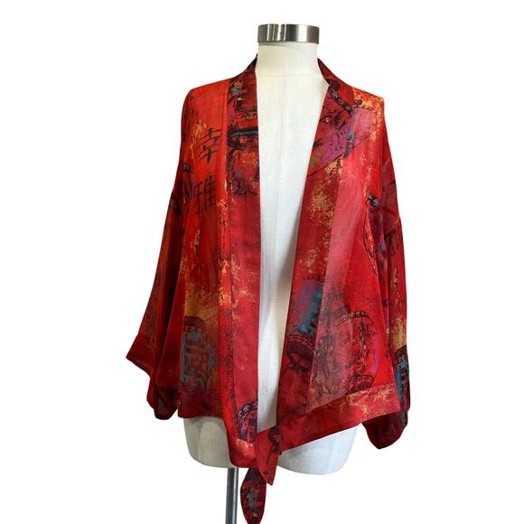 Chico’s 100% Silk Front Tie Kimono Jacket Size 2 L/12 NWT Boho Art Print - Picture 1 of 8